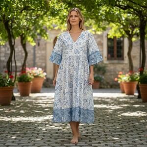 Maldila Womens XXL Midi Dress Blue White Floral V Neck Button Front Boho NEW